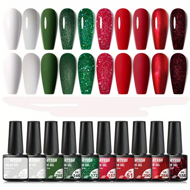 10PC Gel Nail Polish Set, Nude Red Green Gel Polish Kit UV LED Soak Off Glitter Nail Polish Gel Home Manicure Nail Art Salon Varnish