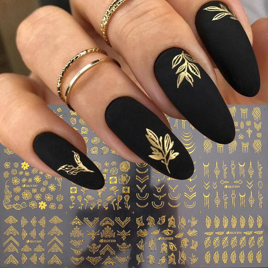 12pcs 3D Nail Stickers Gold Flower Leaf Lace Design Geometry Line Nail Art Sliders Manicure Polish Decal Wrap Decorations JIHBJY