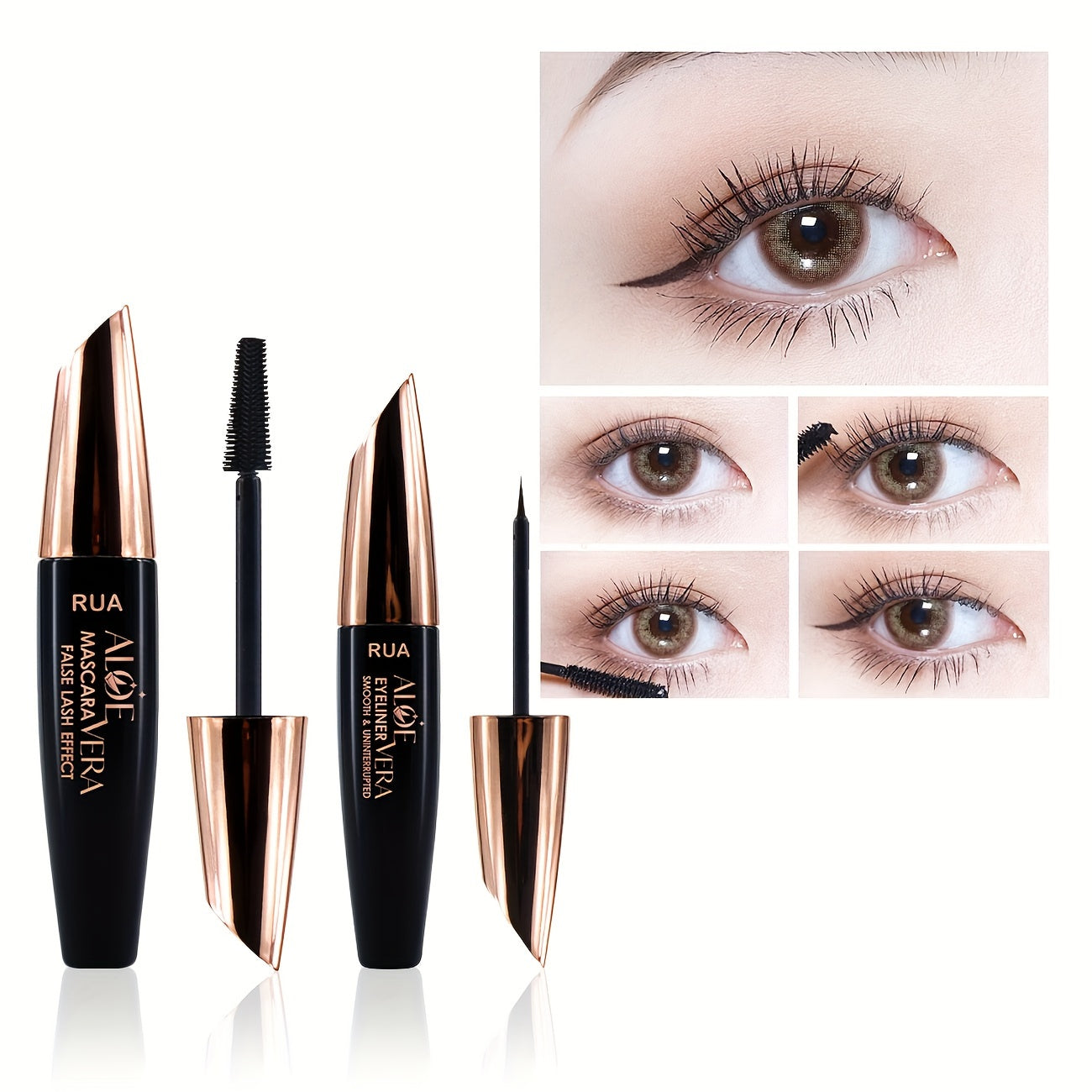 RUA Waterproof Mascara and Eyeliner Combo Set, All Skin Types, Long-Lasting Black Color Tone, Smudge-Proof Water Resistance, Eye Makeup Kit